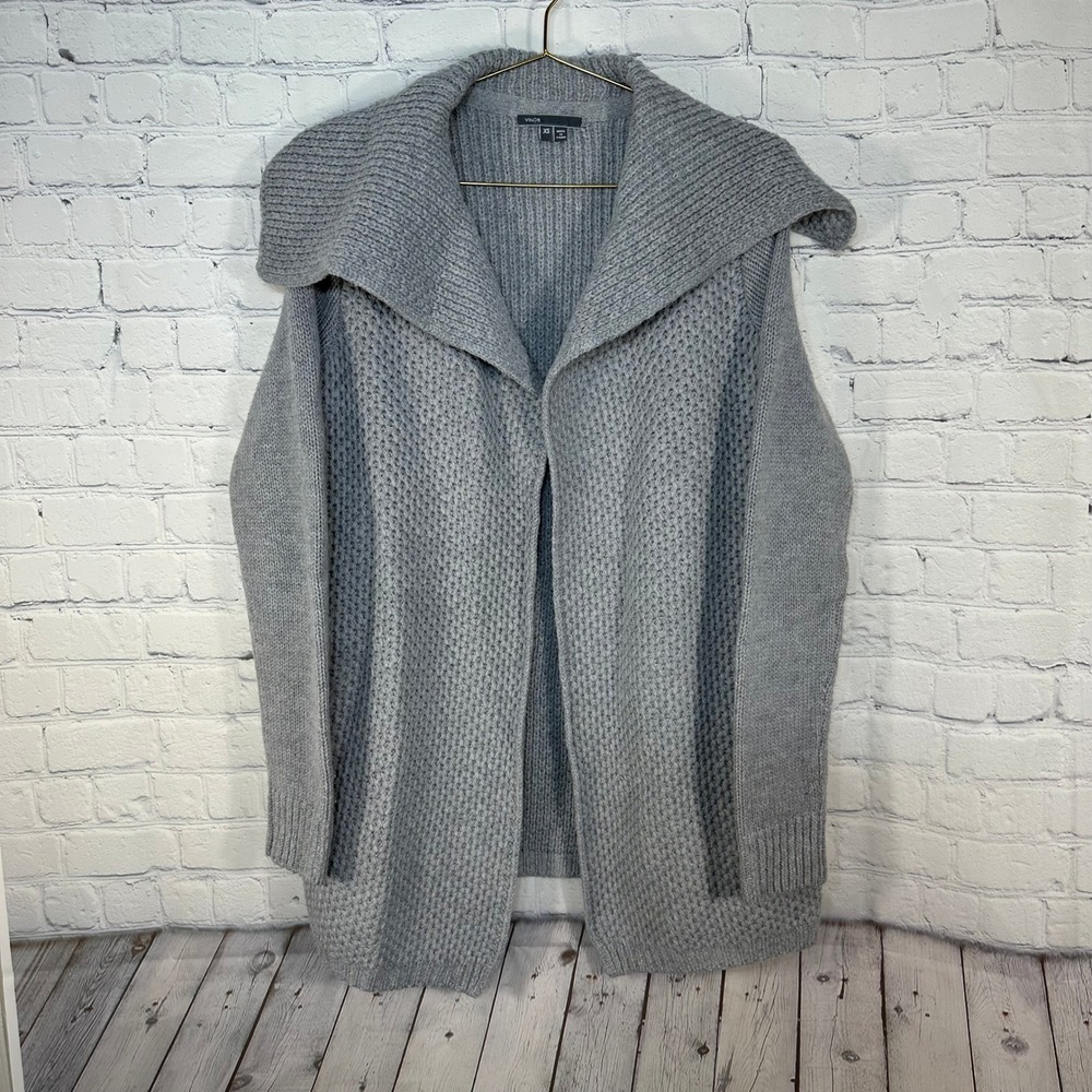 Vince Gray Yak Wool Blend Waffle Knit Shawl Collar Open Front Cardigan XS